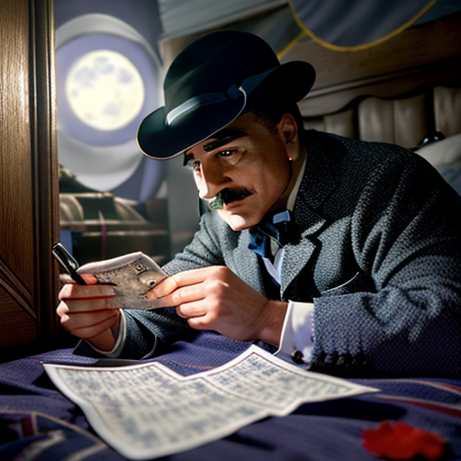 Under the moonlight, Poirot examining a hidden love letter under Lady Eleanor’s bed, a pondering look on his face as he pieces together the larger plot.